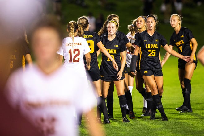 Iowa's Natalie Winter (10) celebrates with teammates after a NCAA women's soccer Cy-Hawk series game, Thursday, Aug. 29, 2019, at the University of Iowa Soccer Complex in Iowa City, Iowa.