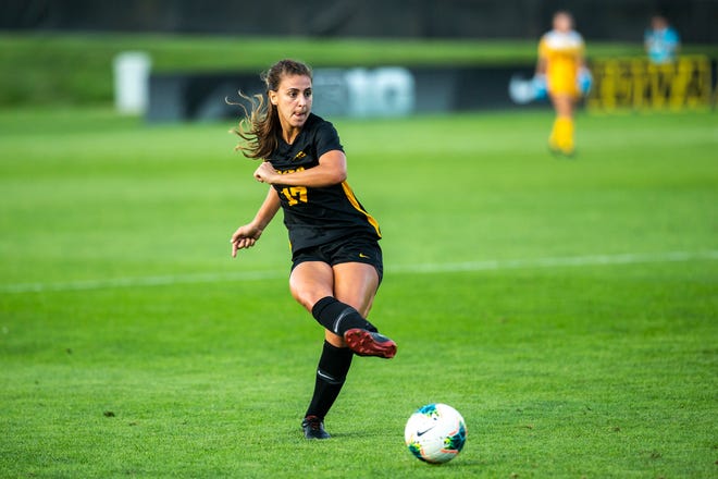 Iowa defender Hannah Drkulec (17) passes during a NCAA women's soccer Cy-Hawk series game, Thursday, Aug. 29, 2019, at the University of Iowa Soccer Complex in Iowa City, Iowa.