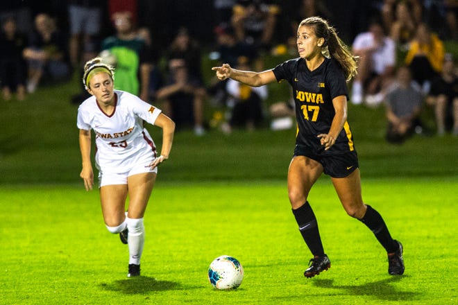 Iowa defender Hannah Drkulec (17) looks to pass during a NCAA women's soccer Cy-Hawk series game, Thursday, Aug. 29, 2019, at the University of Iowa Soccer Complex in Iowa City, Iowa.