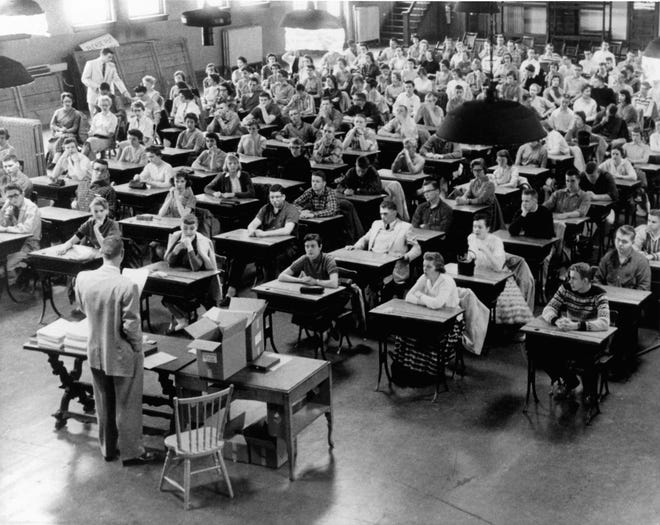 An early administration of the ACT test, November 7, 1959, in the Old Armory Building on the University of Iowa campus, in Iowa City, Iowa.