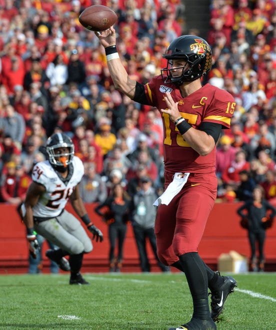 Oct 26, 2019; Ames, IA, USA; Iowa State Cyclones quarterback Brock Purdy (15) throws a pass during the second quarter against the Oklahoma State Cowboys at Jack Trice Stadium. Mandatory Credit: Jeffrey Becker-USA TODAY Sports