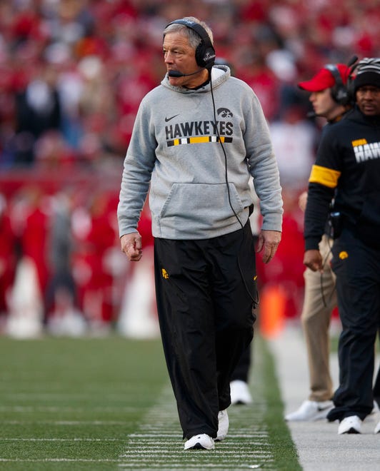 Nov 9, 2019; Madison, WI, USA; Iowa Hawkeyes head coach Kirk Ferentz looks on during the second quarter against the Wisconsin Badgers at Camp Randall Stadium.