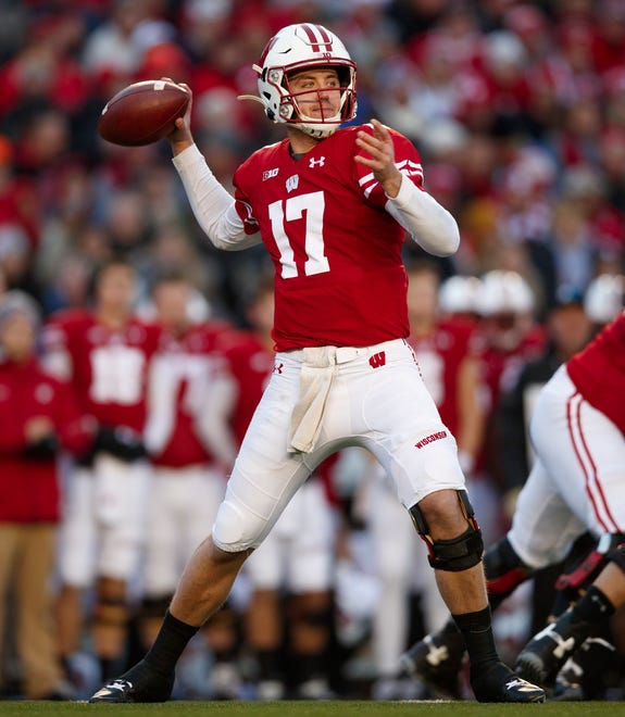 Nov 9, 2019; Madison, WI, USA; Wisconsin Badgers quarterback Jack Coan (17) throws a pass against the Iowa Hawkeyes during the second quarter at Camp Randall Stadium.