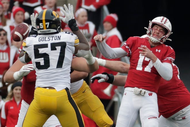 Wisconsin's Jack Coan fumbles during the first half of an NCAA college football game against Iowa Saturday, Nov. 9, 2019, in Madison, Wis. (AP Photo/Morry Gash)