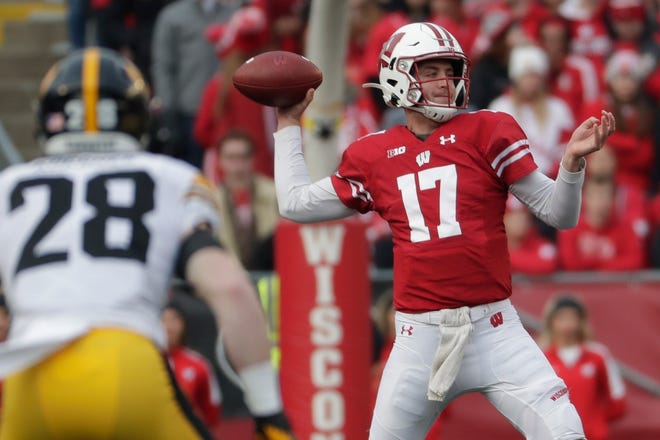Wisconsin's Jack Coan throws during the first half of an NCAA college football game Saturday, Nov. 9, 2019, in Madison, Wis. (AP Photo/Morry Gash)