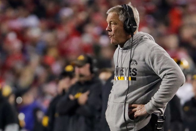 Iowa head coach Kirk Ferentz watches during the second half of an NCAA college football game against Wisconsin Saturday, Nov. 9, 2019, in Madison, Wis. Wisconsin won 24-22. (AP Photo/Morry Gash)