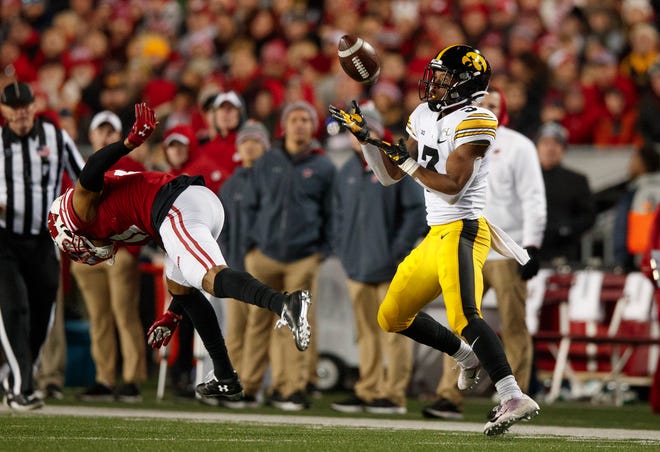 Nov 9, 2019; Madison, WI, USA; Iowa Hawkeyes wide receiver Tyrone Tracy Jr. (3) catches a pass during the third quarter against the Wisconsin Badgers at Camp Randall Stadium. Mandatory Credit: Jeff Hanisch-USA TODAY Sports