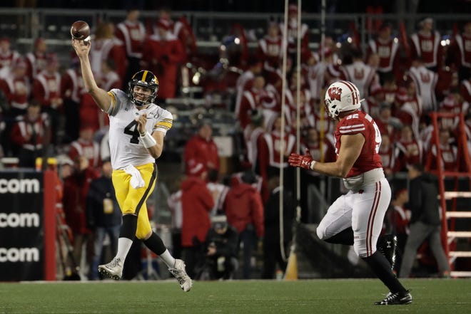 Iowa's Nate Stanley throws during the second half of an NCAA college football game against Wisconsin Saturday, Nov. 9, 2019, in Madison, Wis. Wisconsin won 24-22. (AP Photo/Morry Gash)