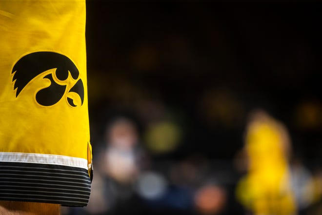 A Tigerhawk logo is pictured on a pair of shorts during a NCAA non-conference men's basketball game, Monday, Nov., 11, 2019, at Carver-Hawkeye Arena in Iowa City, Iowa.