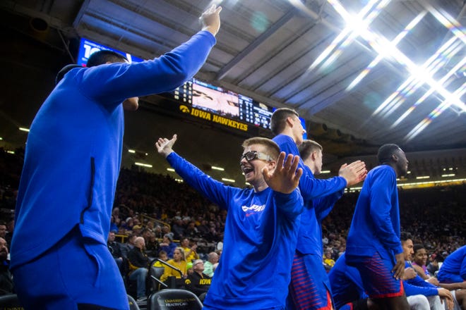 DePaul players celebrate on the bench during a NCAA non-conference men's basketball game, Monday, Nov., 11, 2019, at Carver-Hawkeye Arena in Iowa City, Iowa.