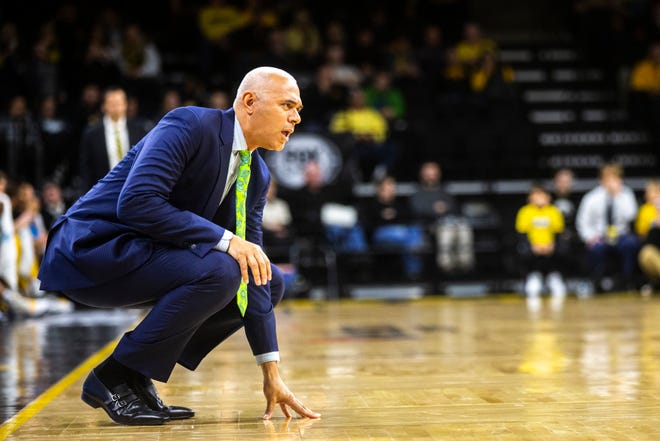 DePaul head coach Dave Leitao tries to keep his balance while reacting to a call during a NCAA non-conference men's basketball game, Monday, Nov., 11, 2019, at Carver-Hawkeye Arena in Iowa City, Iowa.