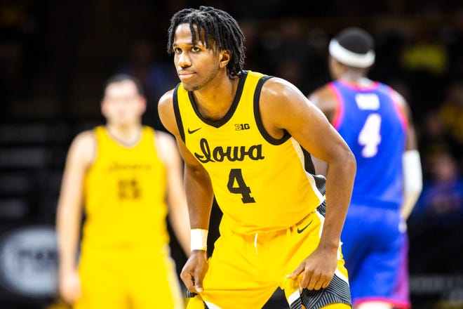 Iowa guard Bakari Evelyn (4) settles in on defense during a NCAA non-conference men's basketball game, Monday, Nov., 11, 2019, at Carver-Hawkeye Arena in Iowa City, Iowa.