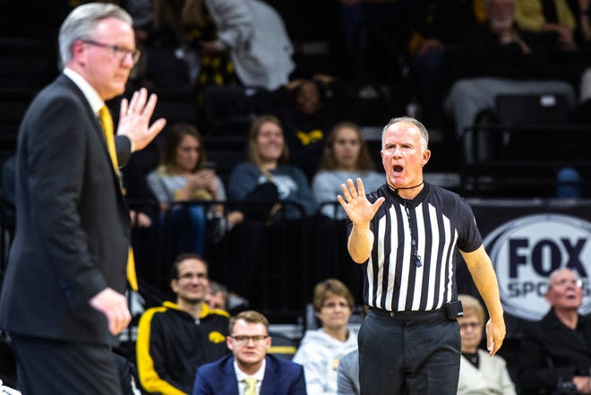 Iowa head coach Fran McCaffery gestures to an official who yells instructions during a NCAA non-conference men's basketball game, Monday, Nov., 11, 2019, at Carver-Hawkeye Arena in Iowa City, Iowa.