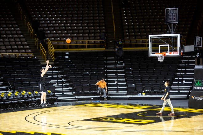 Iowa forward Patrick McCaffery shoots baskets after a NCAA non-conference men's basketball game, Monday, Nov., 11, 2019, at Carver-Hawkeye Arena in Iowa City, Iowa.
