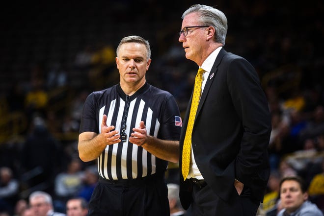Iowa head coach Fran McCaffery talks with an official during a NCAA non-conference men's basketball game, Monday, Nov., 11, 2019, at Carver-Hawkeye Arena in Iowa City, Iowa.
