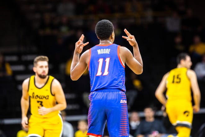 DePaul's Charlie Moore (11) celebrates a 3-point basket during a NCAA non-conference men's basketball game, Monday, Nov., 11, 2019, at Carver-Hawkeye Arena in Iowa City, Iowa.