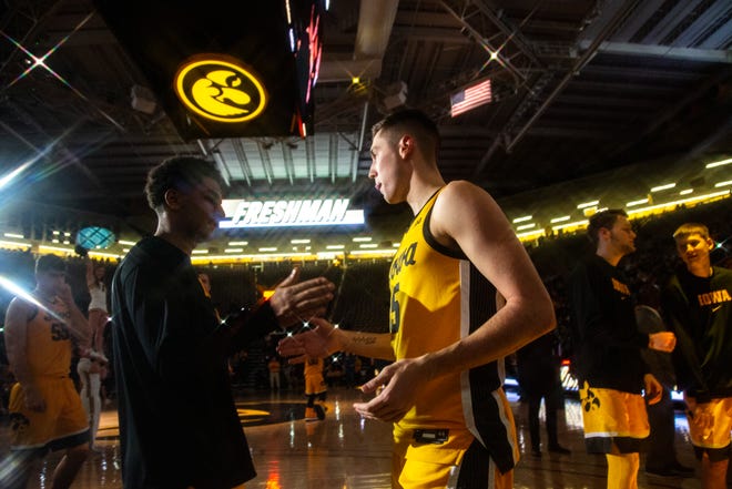 Iowa guard CJ Fredrick (5) is introduced during a NCAA non-conference men's basketball game, Monday, Nov., 11, 2019, at Carver-Hawkeye Arena in Iowa City, Iowa.