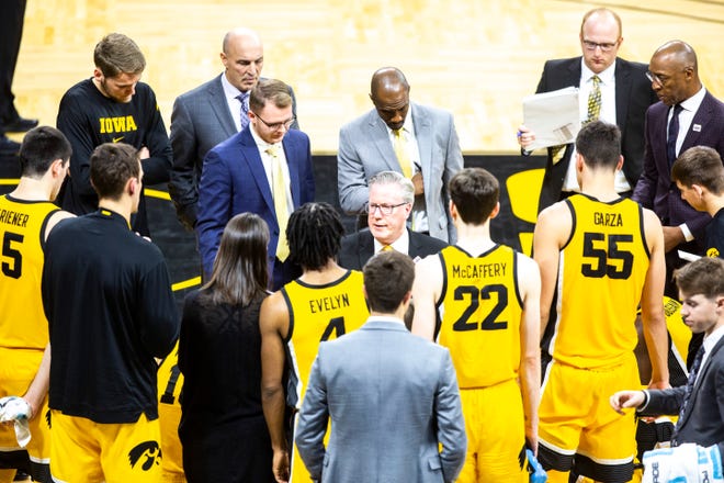 Iowa head coach Fran McCaffery talks with players during a NCAA non-conference men's basketball game, Monday, Nov., 11, 2019, at Carver-Hawkeye Arena in Iowa City, Iowa.