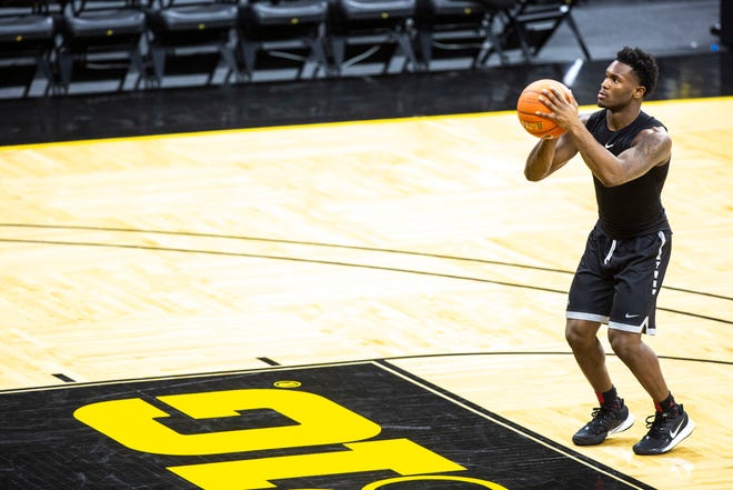 Iowa guard Joe Toussaint shoots a free-throw after a NCAA non-conference men's basketball game, Monday, Nov., 11, 2019, at Carver-Hawkeye Arena in Iowa City, Iowa.