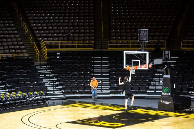 Iowa forward Patrick McCaffery makes a basket after a NCAA non-conference men's basketball game, Monday, Nov., 11, 2019, at Carver-Hawkeye Arena in Iowa City, Iowa.