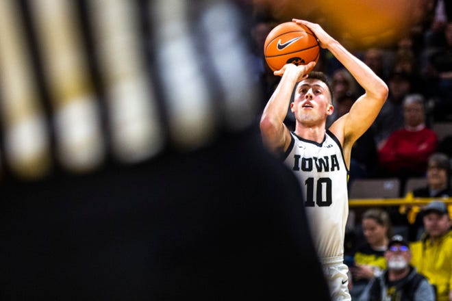 Iowa guard Joe Wieskamp (10) makes a 3-point basket during a NCAA Big Ten Conference men's basketball game, Monday, Dec. 9, 2019, at Carver-Hawkeye Arena in Iowa City, Iowa.