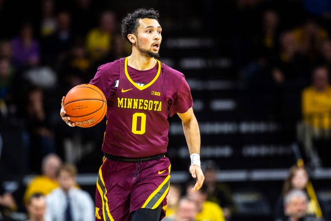 Minnesota's Payton Willis (0) takes the ball up court during a NCAA Big Ten Conference men's basketball game, Monday, Dec. 9, 2019, at Carver-Hawkeye Arena in Iowa City, Iowa.