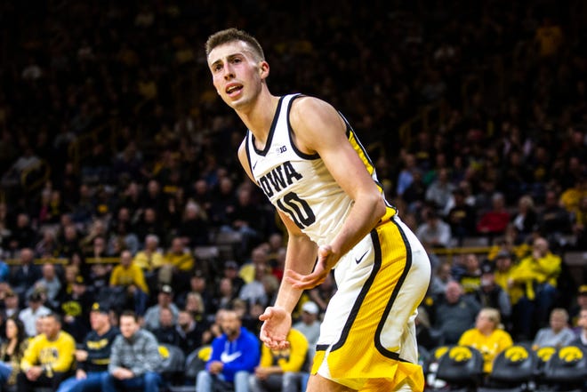 Iowa guard Joe Wieskamp (10) reacts after a turnover during a NCAA Big Ten Conference men's basketball game, Monday, Dec. 9, 2019, at Carver-Hawkeye Arena in Iowa City, Iowa.
