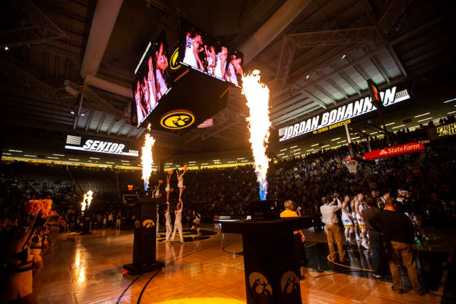 Iowa guard Jordan Bohannon (3) is introduced during a NCAA Big Ten Conference men's basketball game, Monday, Dec. 9, 2019, at Carver-Hawkeye Arena in Iowa City, Iowa.