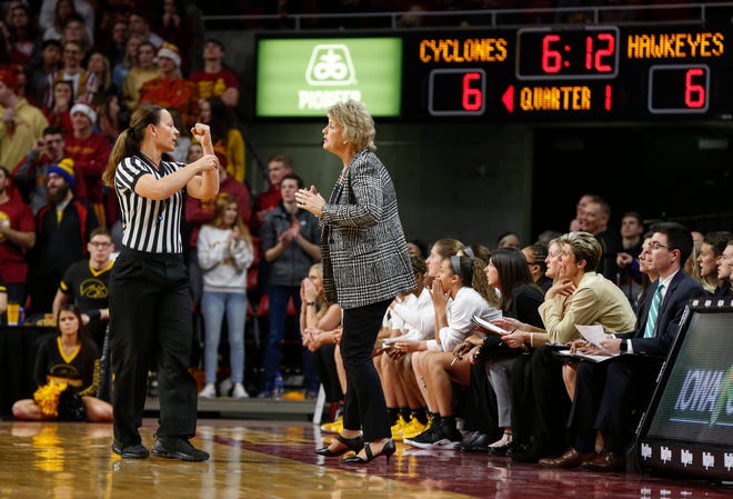 Iowa women's basketball head coach Lisa Bluder argues a call made against one of her players in the first quarter against Iowa State during the CyHawk Series women's basketball game on Wednesday, Dec. 11, 2019, at Hilton Coliseum in Ames, Iowa.
