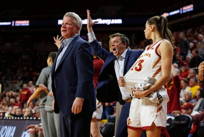 Iowa State head women's basketball coach Bill Fennelly reacts to a non-call against Iowa in the fourth quarter during the CyHawk Series women's basketball game on Wednesday, Dec. 11, 2019, at Hilton Coliseum in Ames, Iowa.