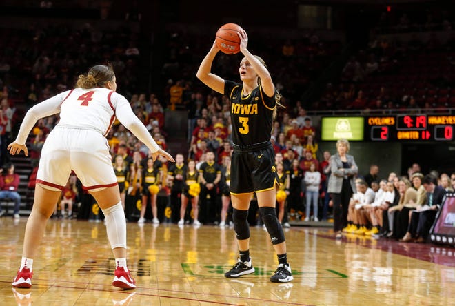 Iowa senior Makenzie Meyer lines up a shot against Iowa State during the CyHawk Series women's basketball game on Wednesday, Dec. 11, 2019, at Hilton Coliseum in Ames, Iowa.