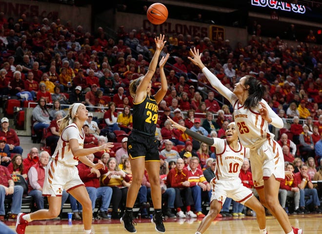 Iowa freshman Gabbie Marshall puts up a shot in the first quarter against Iowa State during the CyHawk Series women's basketball game on Wednesday, Dec. 11, 2019, at Hilton Coliseum in Ames, Iowa.