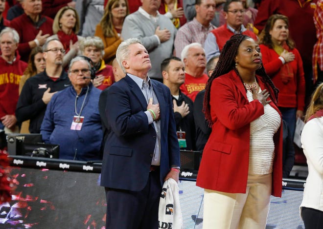 Iowa State University women's basketball coach Bill Fennelly and assistant Latoja Schaben are seen at a December 2019 game at Hilton Coliseum in Ames. This is Schaben's 24th year as a Fennelly assistant, and it's been one of their best.