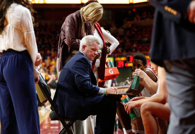 Iowa State head women's basketball coach Bill Fennelly talks with his team in a timeout against Iowa during the CyHawk Series women's basketball game on Wednesday, Dec. 11, 2019, at Hilton Coliseum in Ames, Iowa.