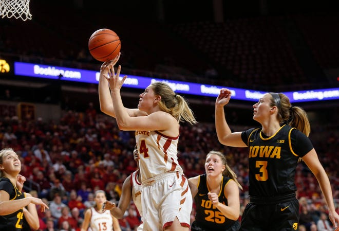 Iowa State sophomore Ashley Joens puts up a shot against Iowa during the CyHawk Series women's basketball game on Wednesday, Dec. 11, 2019, at Hilton Coliseum in Ames, Iowa.