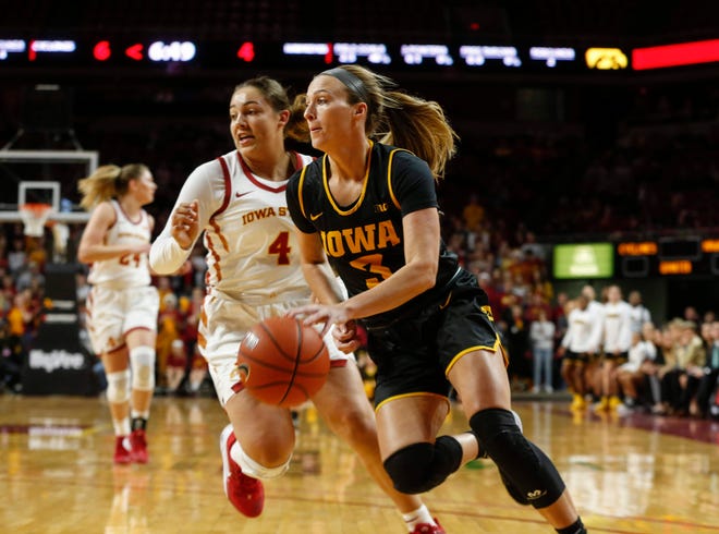 Iowa senior Makenzie Meyer drives the ball in to the hoop against Iowa State during the CyHawk Series women's basketball game on Wednesday, Dec. 11, 2019, at Hilton Coliseum in Ames, Iowa.