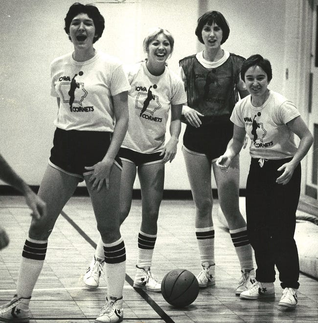From 1979: Iowa Cornets basketball players, from left, Connie Kunzmann, Mollie Bolin, Nancy Rutter and Tanya Crevier.