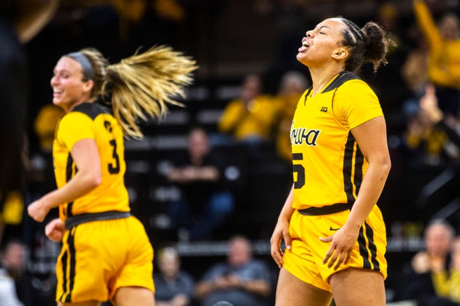 Iowa guard Alexis Sevillian (5) reacts after making a 3-point basket during a NCAA college Big Ten Conference women's basketball game, Thursday, Jan. 9, 2020, at Carver-Hawkeye Arena in Iowa City, Iowa.
