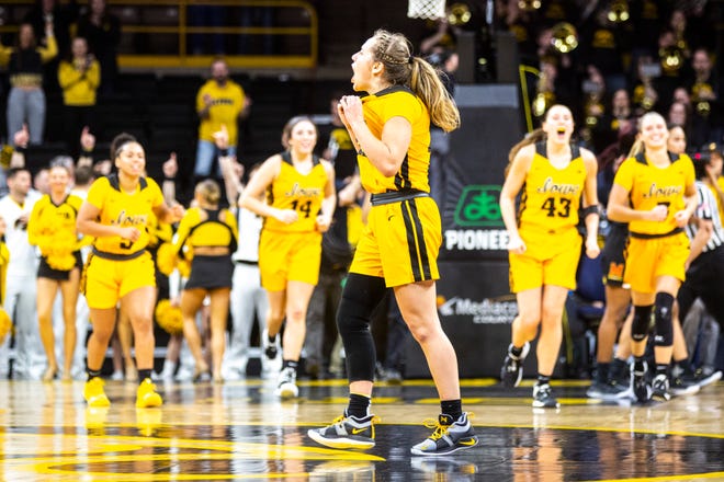 Iowa guard Kathleen Doyle (22) celebrates after a NCAA college Big Ten Conference women's basketball game against Maryland, Thursday, Jan. 9, 2020, at Carver-Hawkeye Arena in Iowa City, Iowa.