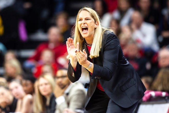 Maryland head coach Brenda Frese calls out to players during a NCAA college Big Ten Conference women's basketball game, Thursday, Jan. 9, 2020, at Carver-Hawkeye Arena in Iowa City, Iowa.