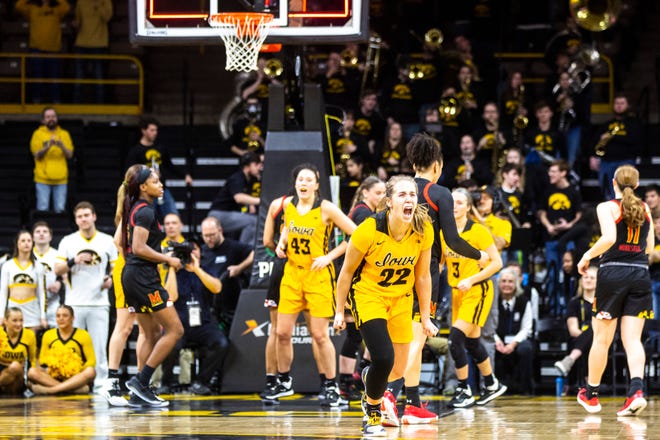 Iowa guard Kathleen Doyle (22) celebrates after the final buzzer during a NCAA college Big Ten Conference women's basketball game against Maryland, Thursday, Jan. 9, 2020, at Carver-Hawkeye Arena in Iowa City, Iowa.