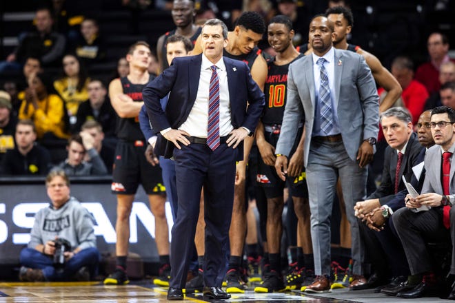 Maryland head coach Mark Turgeon looks on during a NCAA college Big Ten Conference men's basketball game against the Iowa Hawkeyes, Friday, Jan. 10, 2020, at Carver-Hawkeye Arena in Iowa City, Iowa.