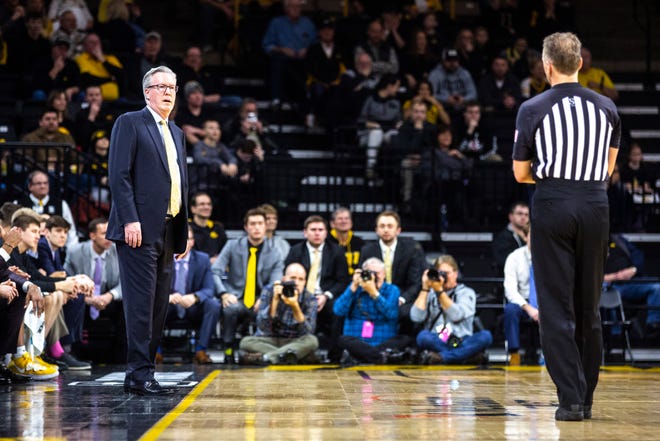 Iowa head coach Fran McCaffery looks to an official after a call during a NCAA college Big Ten Conference men's basketball game, Friday, Jan. 10, 2020, at Carver-Hawkeye Arena in Iowa City, Iowa.