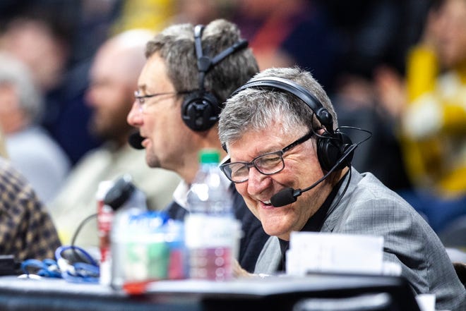 Gary Dolphin, right, laughs while call the action with Bobby Hansen during a NCAA college Big Ten Conference men's basketball game against Maryland, Friday, Jan. 10, 2020, at Carver-Hawkeye Arena in Iowa City, Iowa.