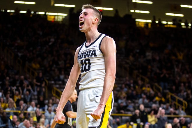 Iowa guard Joe Wieskamp (10) reacts after drawing a foul during a NCAA college Big Ten Conference men's basketball game, Friday, Jan. 10, 2020, at Carver-Hawkeye Arena in Iowa City, Iowa.