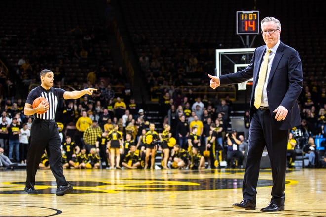 Iowa head coach Fran McCaffery gives a thumbs up to an official as he gestures for a replay of a play during a NCAA college Big Ten Conference men's basketball game, Friday, Jan. 10, 2020, at Carver-Hawkeye Arena in Iowa City, Iowa.