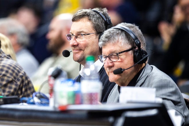 Bobby Hansen, left, and Gary Dolphin call the action during a NCAA college Big Ten Conference men's basketball game against Maryland, Friday, Jan. 10, 2020, at Carver-Hawkeye Arena in Iowa City, Iowa.