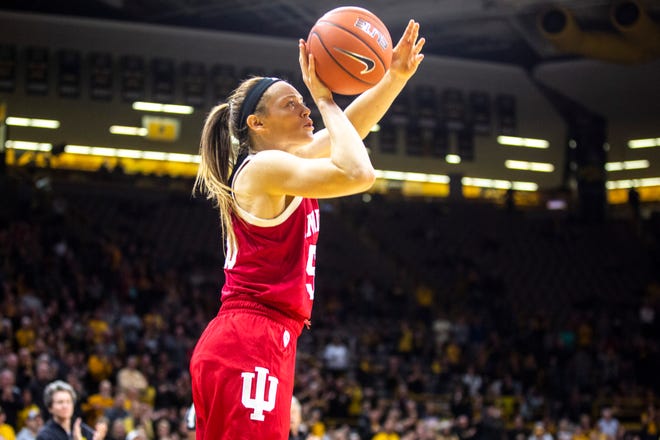 Indiana forward Brenna Wise (50) makes a basket during a NCAA Big Ten Conference women's basketball game, Sunday, Jan. 12, 2020, at Carver-Hawkeye Arena in Iowa City, Iowa.