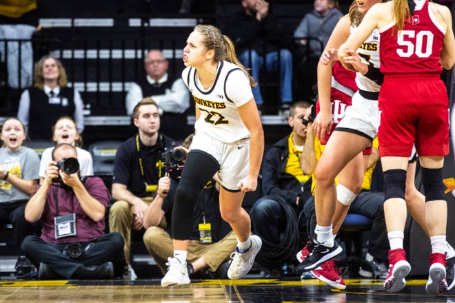 Iowa guard Kathleen Doyle (22) reacts after making a basket during a NCAA Big Ten Conference women's basketball game against Indiana, Sunday, Jan. 12, 2020, at Carver-Hawkeye Arena in Iowa City, Iowa.