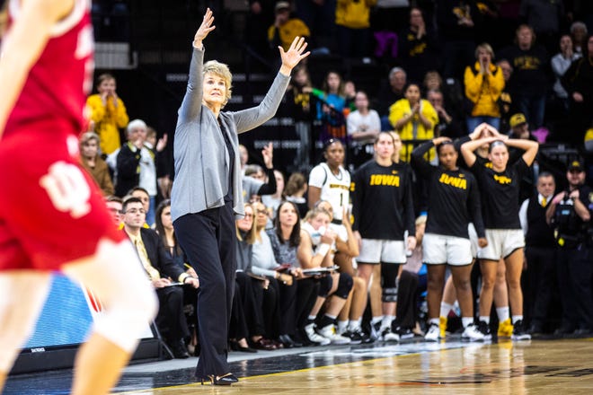 Iowa head coach Lisa Bluder reacts to a play during a NCAA Big Ten Conference women's basketball game, Sunday, Jan. 12, 2020, at Carver-Hawkeye Arena in Iowa City, Iowa.